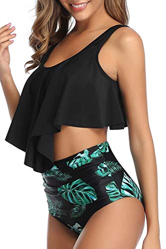 Image of Women High Waisted Bikini Swimsuit Flounce Vintage 2 Piece Bathing Suits | Vintage,tummy control,two piece bathing suits,plus size,swimwear,ruffled,tankini top,bikini bottom