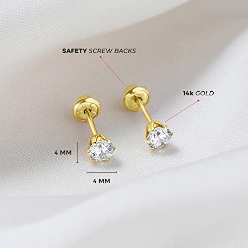 14k Yellow Gold 4mm Solitaire Round Simulated Birthstone Screw Back Stud Earrings for Girls - Small Stud Earrings for Kids with Safety Screw Back Locking4
