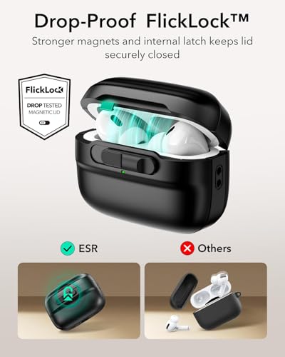 Image of ESR for AirPods Pro 2 Case (2023 /2022 /2019, 2nd /1st Gen), Compatible with Airpods Pro 2 (USB-C /Lightning Cable), MagSafe Ready, Magnetic Lid Lock, Full Drop Protection Cover with Lanyard, Black