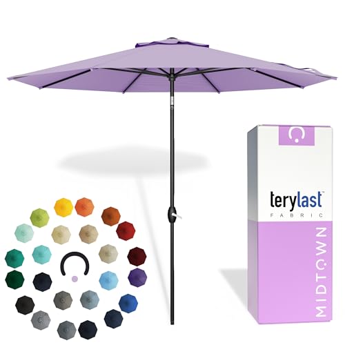 Image of Midtown Umbrellas - 10-Year-No-Fade 9 Ft Patio Umbrella with Terylast Fabric, Auto-Tilt Aluminum Frame and 8 Reinforced Ribs for Deck, Pool, Garden & Beach - Purple Canopy, Black Pole
