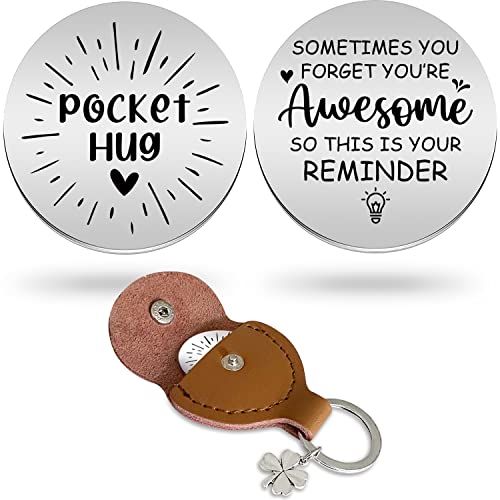 Advivio Pocket Hug Stainless Steel Token with Double Sided Message Engraved and PU Leather Keychain Pocket Reminder Heartwarming Gift for Romantic Partner, Family Members,Friends