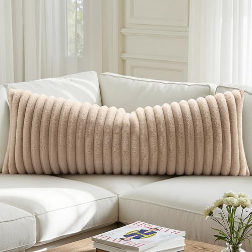 Image of decorUhome Fall Cozy Faux Fur Throw Pillow Covers 14x36 Pack of 1 Decorative Soft Plush Striped Lumbar Modern Farmhouse Boho Couch Pillow Cases with Velvet Back for Sofa Bed Living Room, Khaki Brown