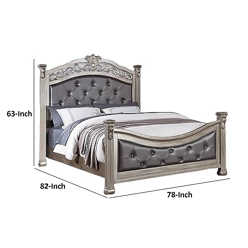 Benjara Jax Traditional King Size Bed, Tufted Upholstered Headboard, Champagne Silver - Thumbnail 2