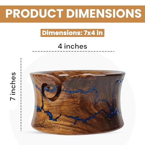 Image of Handmade Wooden Yarn Bowl - Premium Yarn Bowls for Crocheting & Knitting - Handcrafted Wooden Crochet Bowl - Yarn Holder for Tangle-Free Yarn Control (Curved Blue 7x4 Inch Rosewood)