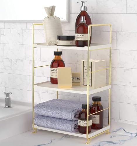 Image of Iron 3 Tier Counter Top Organizer I Bathroom Organizer Stand I Desk Organizer I Multi-Purpose Storage Countertop Racks For Kitchen (Gold-3Tier-Rectangle)