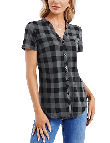 DJT Women's Summer Casual V Neck Blouses Plaid Short Sleeve Button Down Plaid Shirts Tops2
