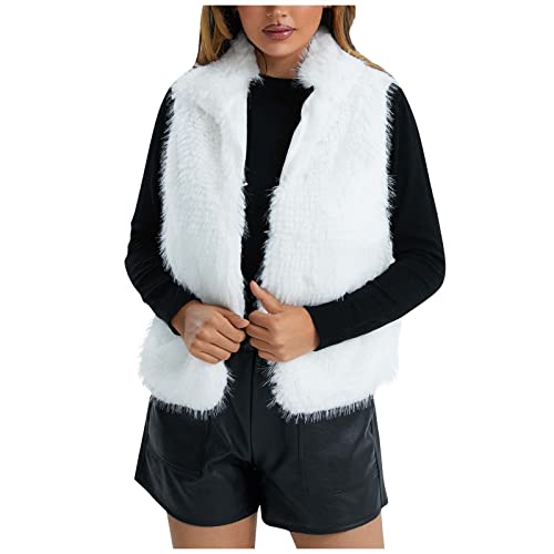 Huankd Women's Sherpa Jacket, Girls Fur Vest Fuzzy Shorts Women S Coats And Jackets Women's Autumn Winter Plush Sleeveless Warm Cardigan Coat Pockets Outerwear Suede Cardigan Cute Zip (L, White) #TOP2