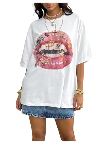 SweatyRocks Women's Y2K Lip Graphic Tees Crew Neck Half Sleeve Oversized T Shirts Streetwear Tops