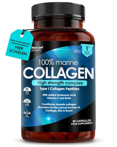 Reines Meereskollagen, 100% Meereskollagen Typ 1, Hydrolysierte Kollagen Peptide, Angereichert mit Hyaluronsäure und Vitamin C – Essentielle Aminosäuren – 60 Kollagen Kapseln Hochdosiert