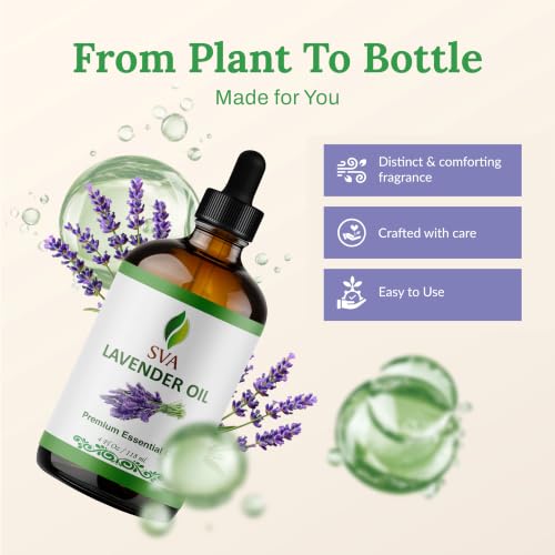 Image of SVA Lavender Essential Oil 4 Fl Oz - for Diffuser, Skin & Hair Care - Ideal for Massage & DIY Blends - with Dropper
