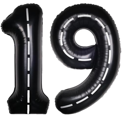 Image of Race Car 40 Inch Black 19 Big Large Helium Balloon Number 0-9 | Track Giant Digital 19th Foil Mylar Party Balloons for Men Birthday Car Theme Party Anniversary Graduation Decorations