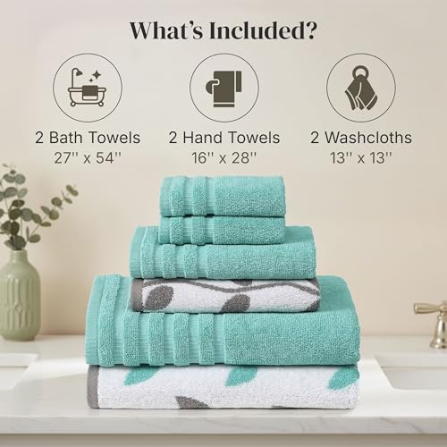 Image of Modern Threads 6 Piece Bath Towel Set - Bathroom Set with 2 Bath Towels, 2 Hand Towels, and 2 Wash Cloths - 100% Cotton, Super Absorbent & Extra Soft - Reversible Natural Vine (Aqua)