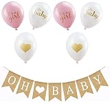 OH BABY Banner & Balloon Set - Pre-strung Assembled Burlap Garland - 6 Pink Gold & White Balloons -