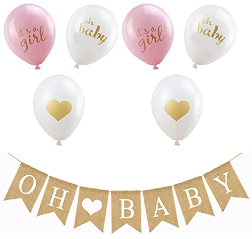 Oh Baby Banner & Balloon Set - Pre-Strung Assembled Burlap Garland - 6 Pink Gold & White Balloons - Its A Girl With Hearts - Baby Shower Gender Reveal Decor By Jolly Jon #TOP16