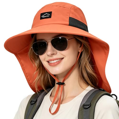 Image of Rosoz Outdoor Sun Hat for Men Women, UPF50+ Protection Safari Cap Wide Brim Mesh Fishing Hat with Neck Flap Beach Garden
