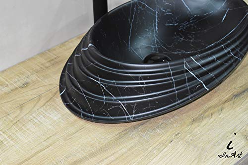 Image of InArt Designer Ceramic Wash Basin /Vessel Sink /Over or Above Counter Top Wash Basin for Bathroom Oval Black Matt Marble Pattern 20 x 15 x 6 Inch