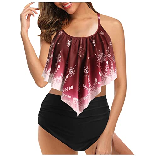 Zebin Damen Tankini Zweiteiler Badeanzug Elegant Volant Monokini Bademode für Urlaub,Bademode Zweiteiliger Badeanzug, Neckholder Bikini Damen Bikini Set, Bordeaux, L Cover