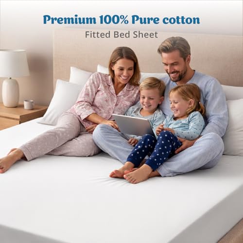 Acrali Home White Egyptian Cotton Small Double Fitted Sheet 122X190 Cm - 200 Thread Count, Deep Pocket - Ultra Soft Hotel Quality, Breathable & Hypoallergenic Bottom Bed Sheet - 6