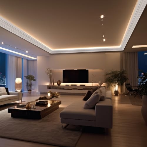 Image of Pushglossy 9 Pcs 47.24″(Total 35.4 Ft) Ceiling Crown Molding with LED Duct Kit for Seamless Ambient Accent Lighting Waterproof Channel for Easy LED Trim Moulding Strip Installation(Upper Groove)