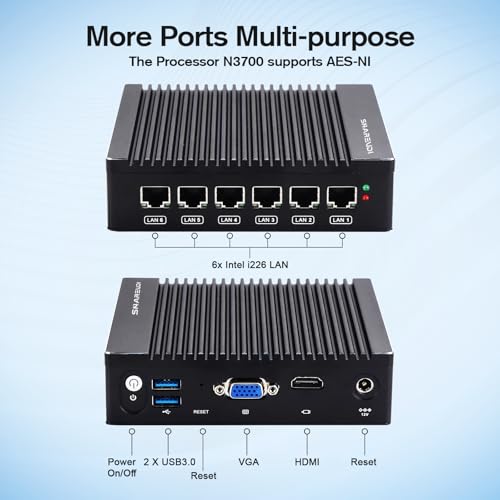 Image of Micro Firewall Appliance, Fanless Mini PC Intel N3700 4Cores /4Threads, 6X Intel 2.5 GbE i226-V LAN, AES-NI, DDR3 8GB SSD 128GB Router Network Security USB3.0 /VGA /HD