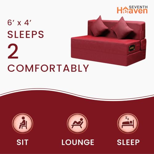 Image of Seventh Heaven 2 Seater 6 * 4 Jute Fabric Washable Cover Sofa Cum Bed with 2 Cushions 2 Seater Double Foam Fold Out Sofa Cum Bed (Finish Color - Maroon Delivery Condition - Pre-Assembled)