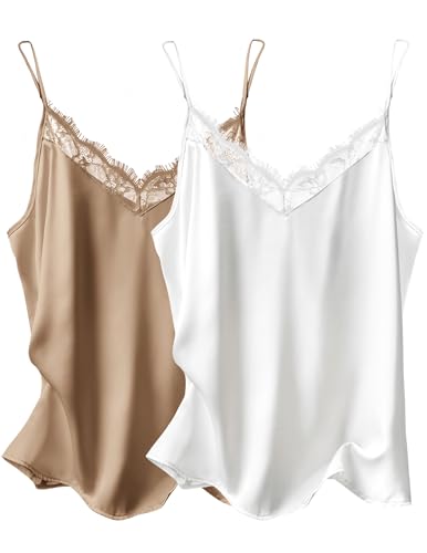 Image of Ekouaer Women's 2 PCS Cami Top Satin Tank Top Adjustable Spaghetti Strap Camisole