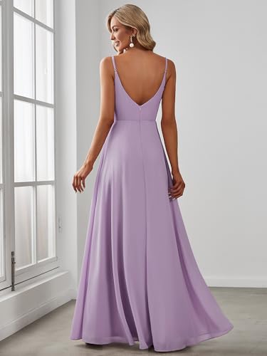 Image of Ever-Pretty Women's Summer Backless Spaghetti Straps Bridesmaid Dresses Chiffon V-Neck Slit Long Formal Wedding Guest Dress