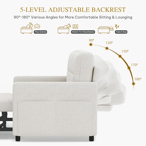 DWVO 55" Convertible Sofa Bed, 3-in-1 Sleeper Sofa with Pull-Out Bed, Linen Futon Couch with Side Pocket and Adjustable Backrest, Modern Loveseat for Living Room, Light Beige