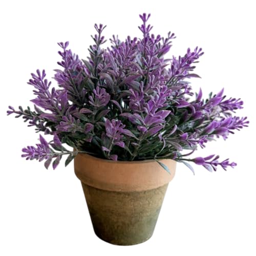 Image of Garden Art Artificial Lavender Plant in Rustic Pot - Realistic Faux Lavender Flowers for Home Decor, Office Desk, Tabletop, Farmhouse & Modern Decoration (P-093Pink)