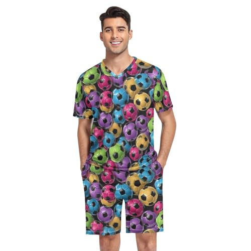 Colorful Football Men’s Pajama Sets Short Sleeve Lounge Wear with Elastic Waistband and Drawstring