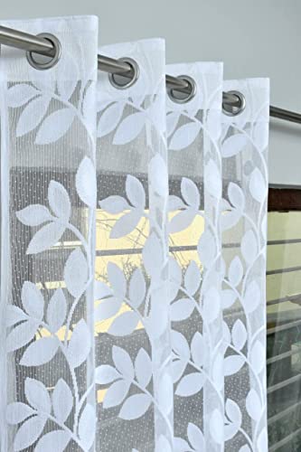 Image of Honger Polyester Beautiful Floral Design Imported Net Tissue Pack of 2 Pecs Curtains for White Leaves Design Net for 4 x 5 Feet Window Use Net Curtains