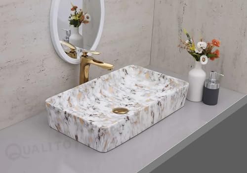 Image of QUALITO Designer Table Top Wash Basin for Bathroom, Living Room, Hall, Dinning Room | Big Size Ceramic Vessel Sink /Basin | Glossy Finish Marble Vanity Basin (24x14x5 Inch, Luxury)