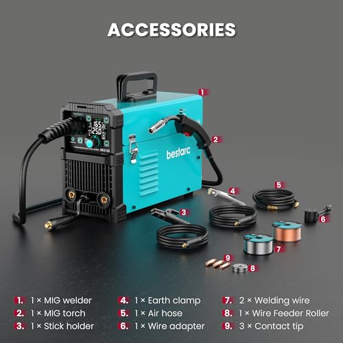 Image of Bestarc 165A MIG Welder, 110V 220V 4 in 1 Gas /Flux Core MIG /Lift TIG /Stick Welder Machine, Large LED Display Welding Machine, IGBT Inverter Welder MIG165 Soild Gasless Synergy MIG Welder
