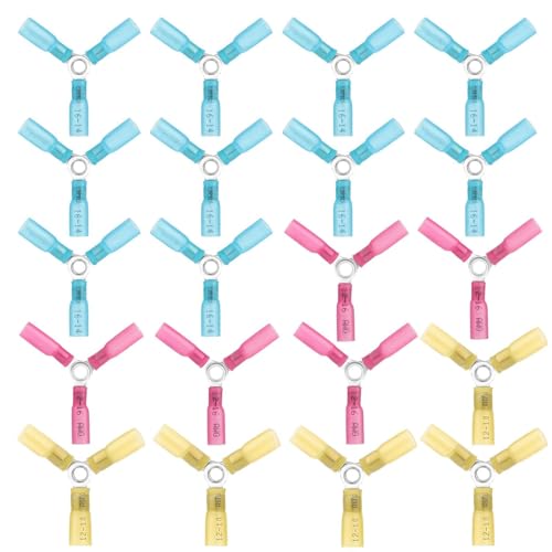 Amfuujoy 20pcs 3 Way Wire Connector 22-10AWG Heat Shrink Y Ring Butt Terminals, Heavy Duty Waterproof Automotive Marine Electrical Crimp Connectors (12-10AWG,16-14AWG,22-16AWG)