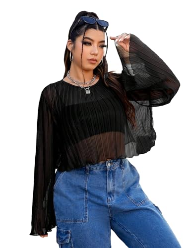 Floerns Women's Plus Size Sheer Mesh See Through Bell Long Sleeve Blouse