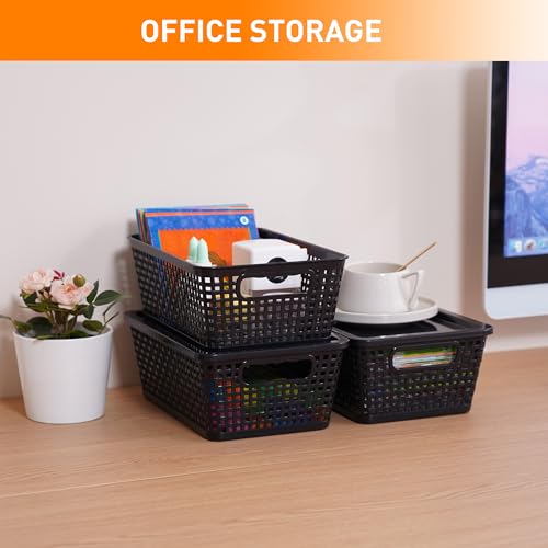 Citylifehouse 6x 5L Aufbewahrungsbox mit Deckel, Gewobene Kunststoff-Aufbewahrungsboxen, Schwarz Organizer box, Stapelbare Aufbewahrungsbehälter mit Deckel mit robusten Griffen, 27.70×18.20×10.20 cm