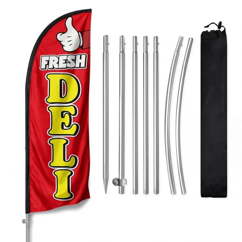 QSUM 8FT Fresh Deli Feather Flag with Pole & Ground Spike, Outdoor Deli Shop Advertising Banner with Carry Bag, Eye-Catching Storefront Display for Food Business Promotion