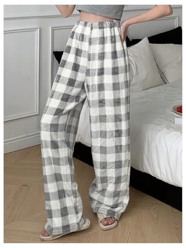 SHENHE Calça de pijama feminina xadrez felpuda cintura elástica perna larga de pelúcia confortável p