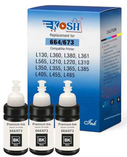Image of KOSH T673 Refill Ink Compatible for Use in Epson L801, L805, L1800, L800, L810, L850, L1300, L605 Ink Tank Printers - 70 ML Each Bottle (3, Black Pack of 3)