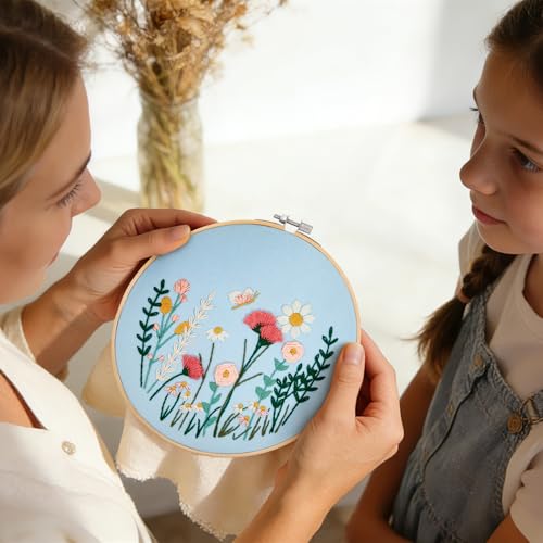 Image of Flower Embroidery Kits for Beginners Adults, Hand DIY Embroidery Art Kits, Floral Stamped Cross Stitch Kits for Beginner Adults Craft Kits for Women, Entire Set of Embroidery Supplies & Video Tutorial