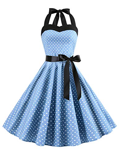 Lover-Beauty Vestido Corto Mujer Vintage Vestido Estilo Hepburn Cuello Tirante Halter Vestido Floral Lunares Top Ajustado Falda Paragua Vestido Verano Fiesta Bar Gótico