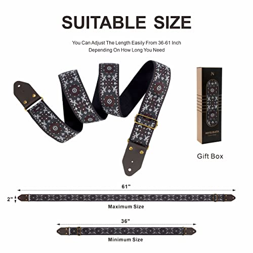 Image of Nefelibata Guitar Strap,Jacquard Embroidery Cotton Guitar Straps with Crazy Horse Leather Ends for Bass, Electric & Acoustic, Best Gifts for Kids, Guitarists(Brown flower embroidery)