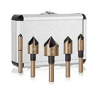 5pcs Metal Countersink Drill Bit Set for Wood, Metal, Steel, Mill Drill Bit Set Size is 1/4? 3/8? 1/2? 5/8? 3/4?with High Speed Steel, 82 Degree, 5 Flute, 6mm Round Shank, Carrying Case