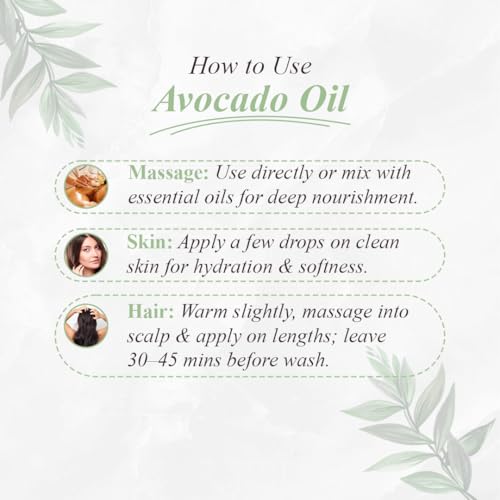 Image of Avocado Oil | 100% Pure Cold Pressed Carrier Oil for Deep Skin & Hair Moisturization | Rich in Vitamins A D E, Reduces Dryness, Eczema & Dandruff | 120 ml