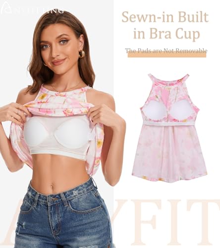 Image of Women Halter Tank Top with Built in Bra Flowy Sleevless Padded Camisole Loose Fit Summer Shirt Top S-3XL