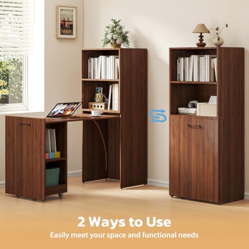 Image of Zevemomo Folding Desk, Convertible Table with Shelves & Wheels - Walnut | Folding Desk with Storage, Craft Cabinet with Fold Out Table, Compact Computer Desk for Small Space, Reversible L Shaped Desk