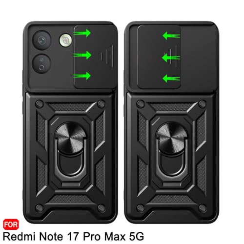 Image of TheGiftKart Tough Armor Bumper Back Cover Case for Redmi Note 17 Pro Max 5G | Sliding Camera Cover, Kickstand & Ring Holder | 360 Degree Protection Back Cover Case (PC & TPU, Black)