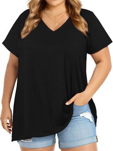 JOELLYUS Plus Size Tops for Women Summer Top Loose Fit Tee Shirts V Neck Short Sleeve Blouse