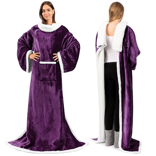 PAVILIA Sherpa Fleece Blanket with Sleeves Women Men Adult, Wearable