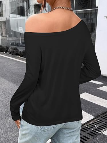 Hilinker Women's Off Shoulder Tops Long Sleeve Graphic Tees Casual Loose Boat Neck T Shirts2